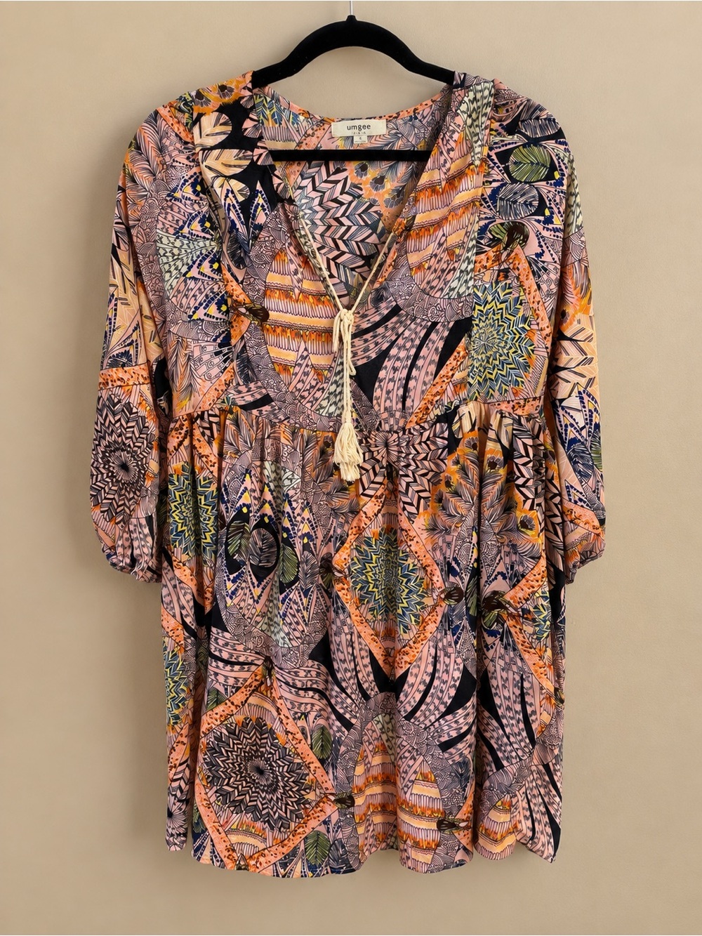Umgee Pink, Orange & Black Geometric Peasant Dress